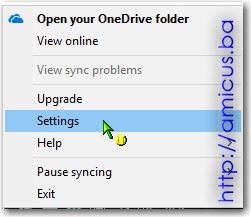 OneDrive Settings menu