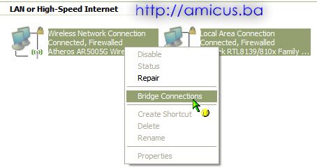 Bridge menu za LAN konekcije WiFi racunar